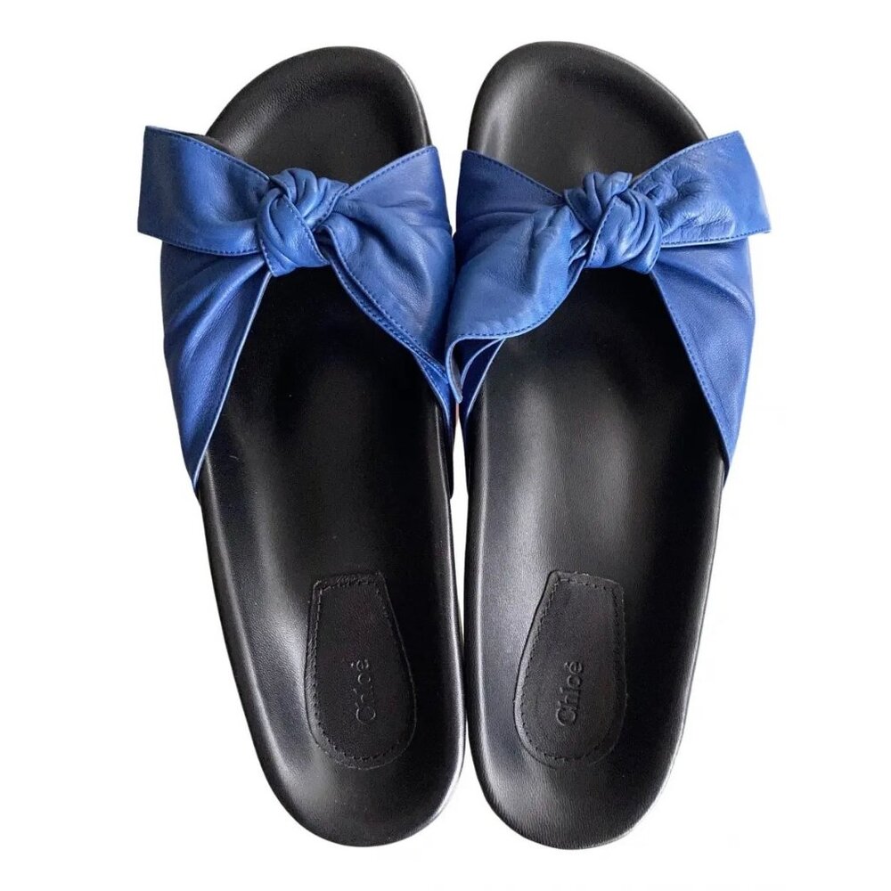 Chloé Emily Knotted Bow Leather Slide Flats Blue EU38
